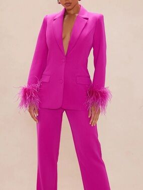Fashion Nova Hot Pink Feather-Cuff Suit Jacket & Trousers